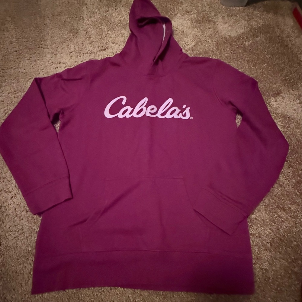 Cabelas Kids XL Berry Purple Script Logo Pullover Hoodie Kangaroo Pocket